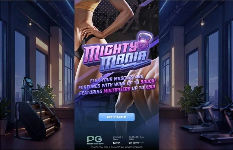 Mighty Mania – pagrindinis meniu ir statymo pasirinkimo ekranas